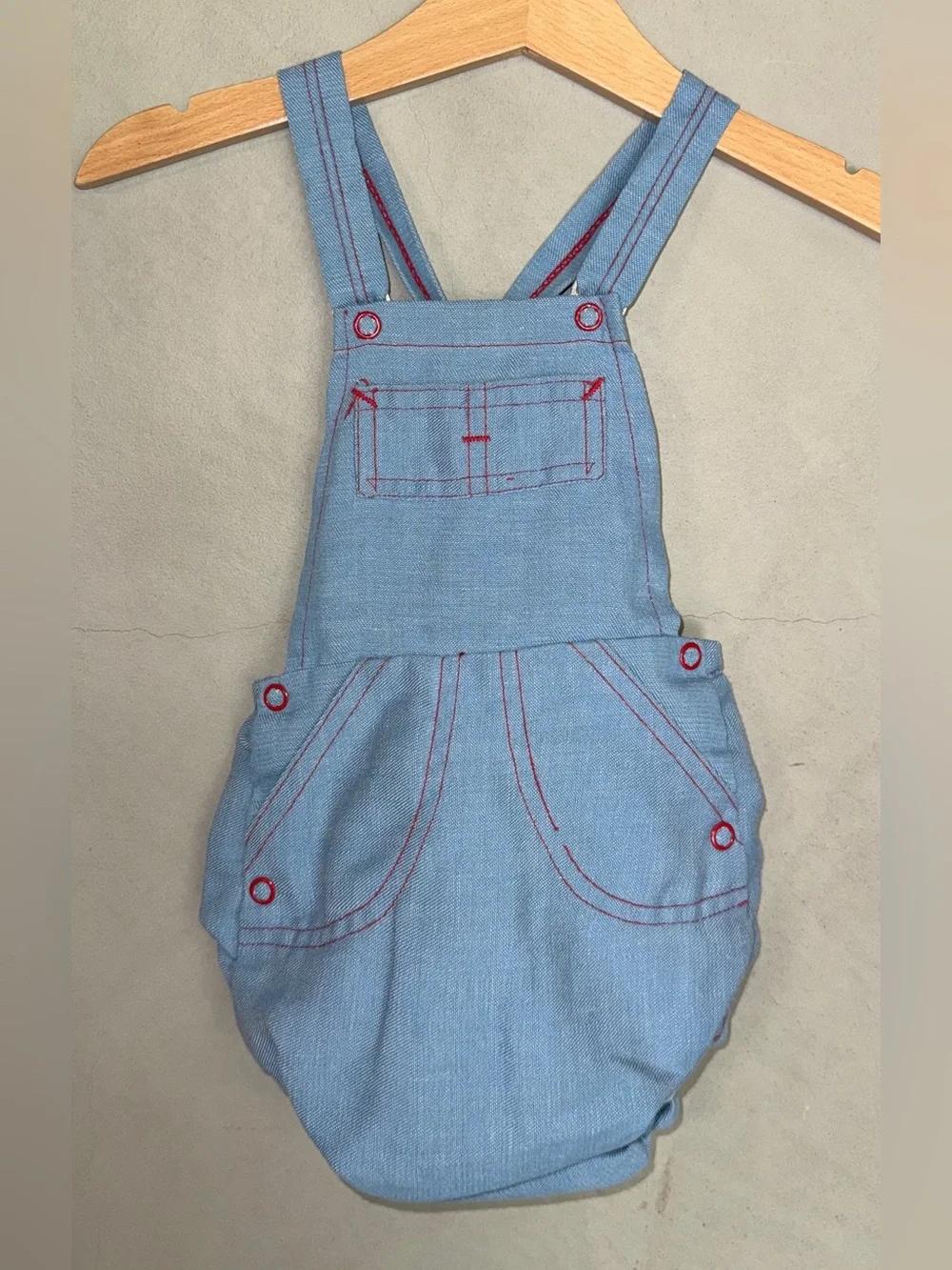 Vintage 80’s light blue denim bubble romper toot toot train on butt 6-12 months